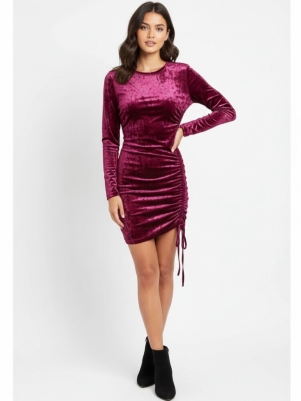 Live to be Spoiled Velvet Ruched Long Sleeve Mini Dress Bodycon Wine Medium